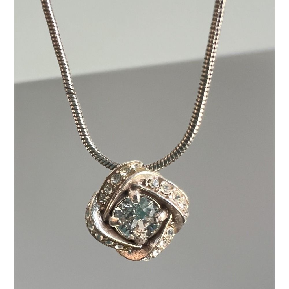 Brighton Silver Tone Crystal Square Pendant Snake Chain Necklace with Charm 18"